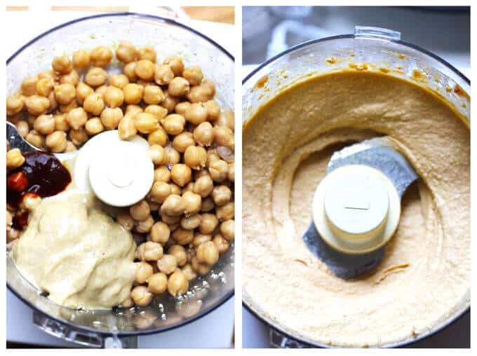 Chipotle Hummus with Roasted Pine Nuts is very simple and delicious with a hint of smokiness from spicy chipotles and nice crunch from roasted pine nuts.