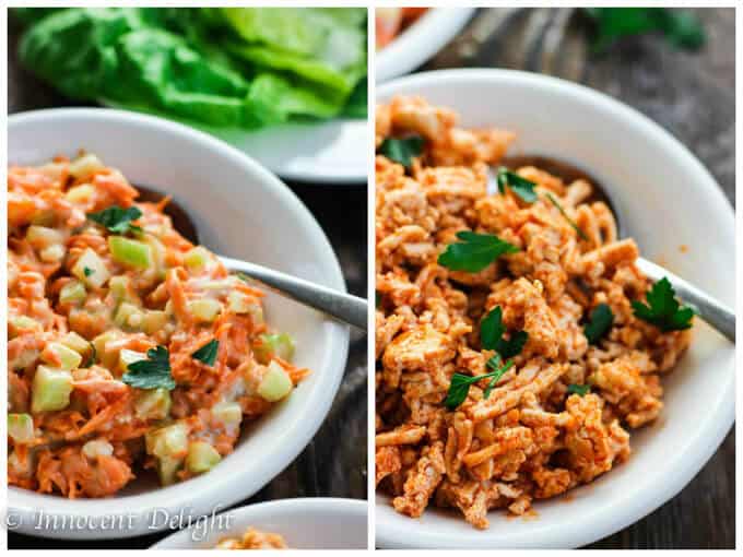 Buffalo Turkey Lettuce Wraps with Carrots Celery Slaw