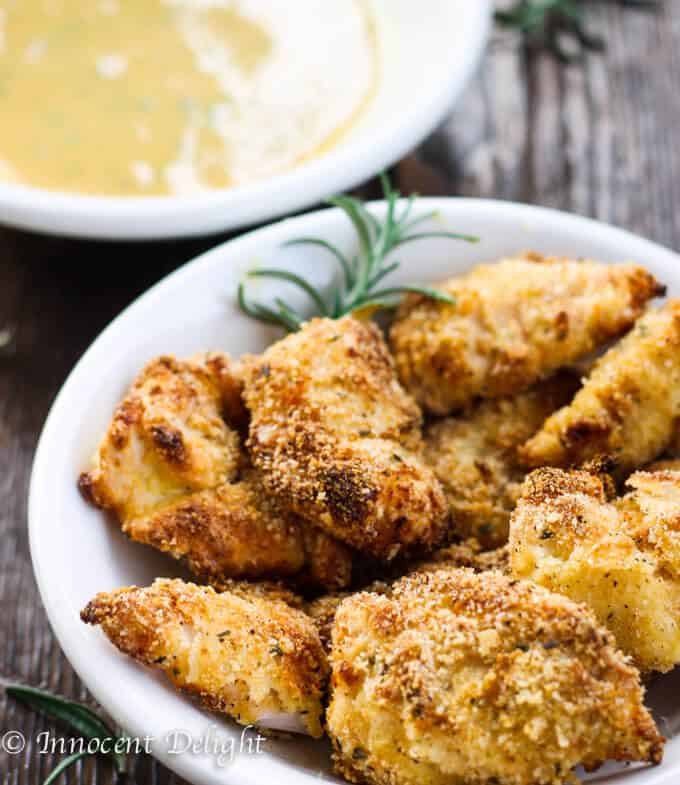 Crispy baked chicken tenders with honey mustard