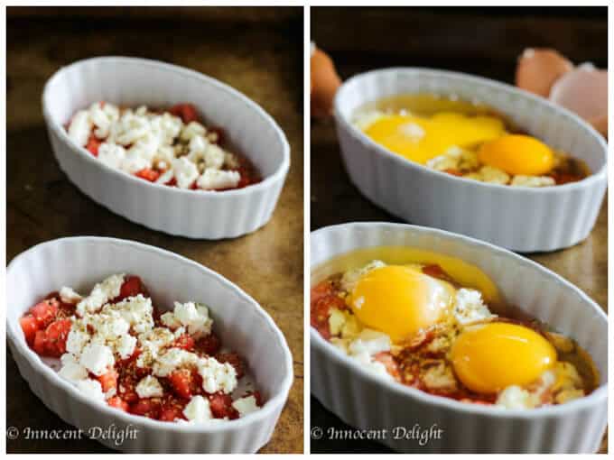 Baked Eggs with Tomatoes and Feta Cheese is a humble breakfast dish with Mediterranean flavors that comes together super quick.