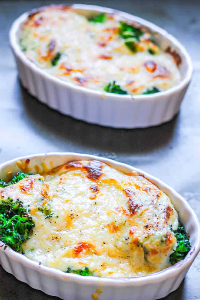 Cheesy Broccoli Au Gratin is a delicious dish that features America's favorite vegetable, topped with amazing cheesy sauce that is baked to perfection. Just a few simple ingredients, mixed with the sophistication of a Gruyere cheese, marry together to make this dish both rustic and elegant. Even broccoli critics can become converts. Cheesy Broccoli Au Gratin in individual baking dishes