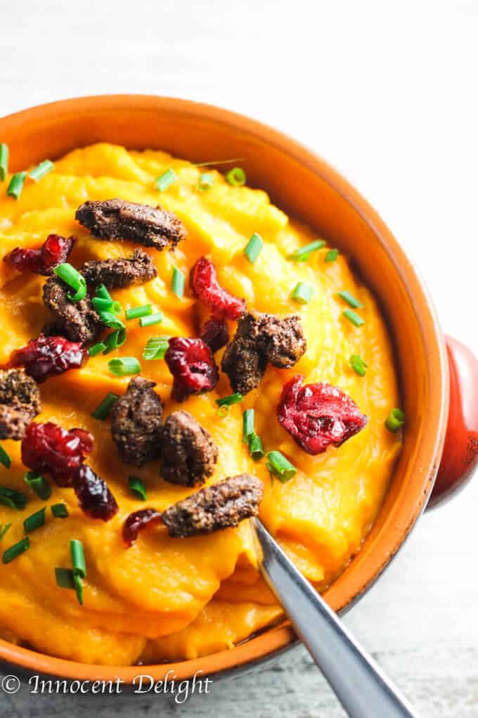 Maple Mashed Sweet Potatoes with Candid Pecans, Crasins and Chives