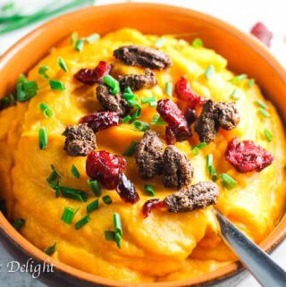 Maple Mashed Sweet Potato with Candid Pecans, Crasins and Chives