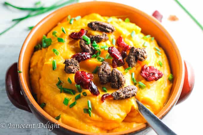 Maple Mashed Sweet Potato with Candid Pecans, Crasins and Chives
