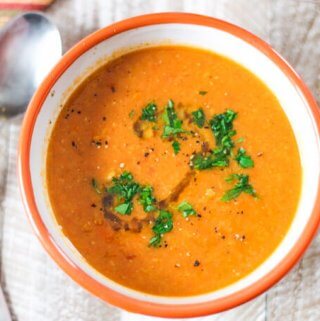 Perfect healthy, vegan, gluten free treat on chilly fall or freezing cold winter days. Tomatoes Red Lentils Coconut Soup - doesn't it sound amazing?