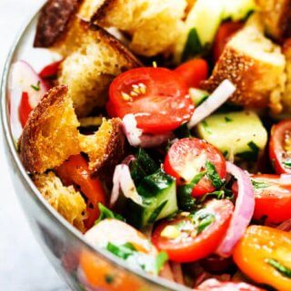 Summer Panzanella with Garlic Butter Bread - this popular Italian salad is a perfect addition to any summer meal or BBQ. Crusty bread that's been infused with garlic butter makes it irresistible.