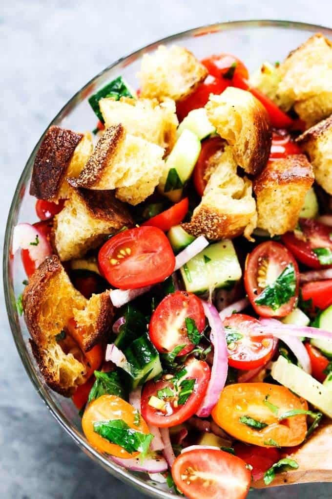 Summer Panzanella with Garlic Butter Bread - this popular Italian salad is a perfect addition to any summer meal or BBQ. Crusty bread that's been infused with garlic butter makes it irresistible.
