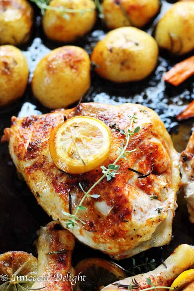 One Pan Herbed Lemon Chicken with Veggies Recipe - quick and easy dinner that requires minimal preparation that takes 5 minutes. The oven does the job for you.