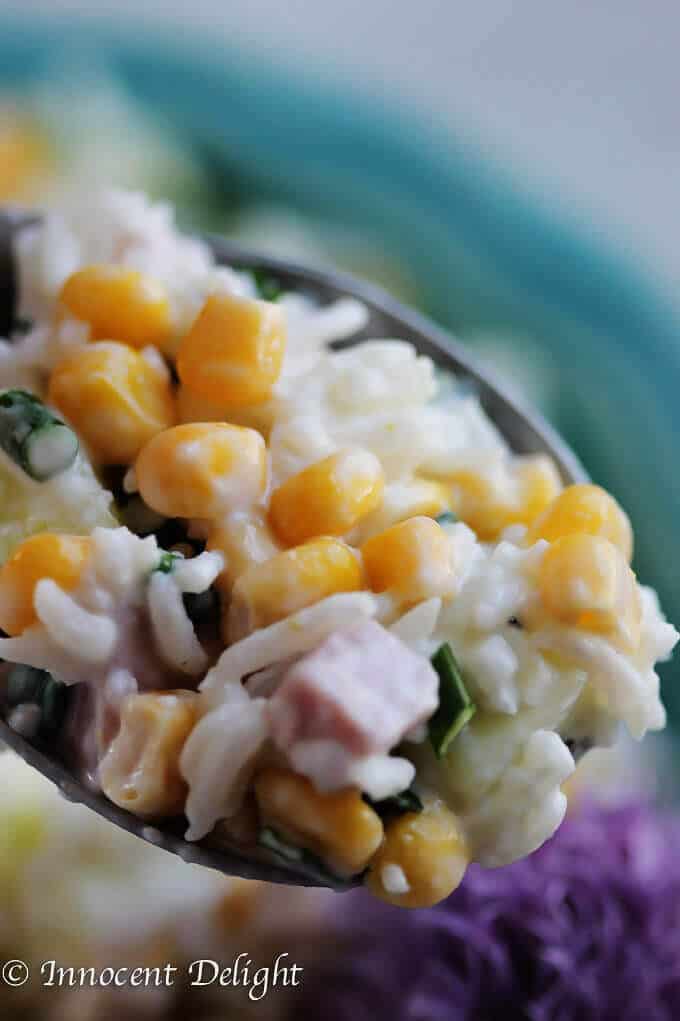 Rice Salad with Corn, Ham, Cucumber and Chives - super easy and refreshing salad that can easily replace your potato or pasta salad for the next BBQ gathering.