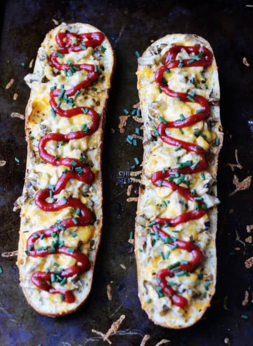 Open Face Mushroom and Cheese Sandwich - famous Polish street food called Zapiekanka or Zapiekanki in plural. You can find them on every corner in Poland.