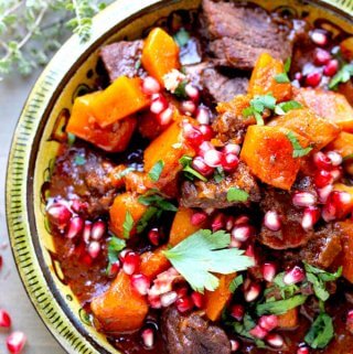 Butternut Squash Beef Stew with Cinnamon and Pomegranates - perfect comfort winter food - Innocent Delight