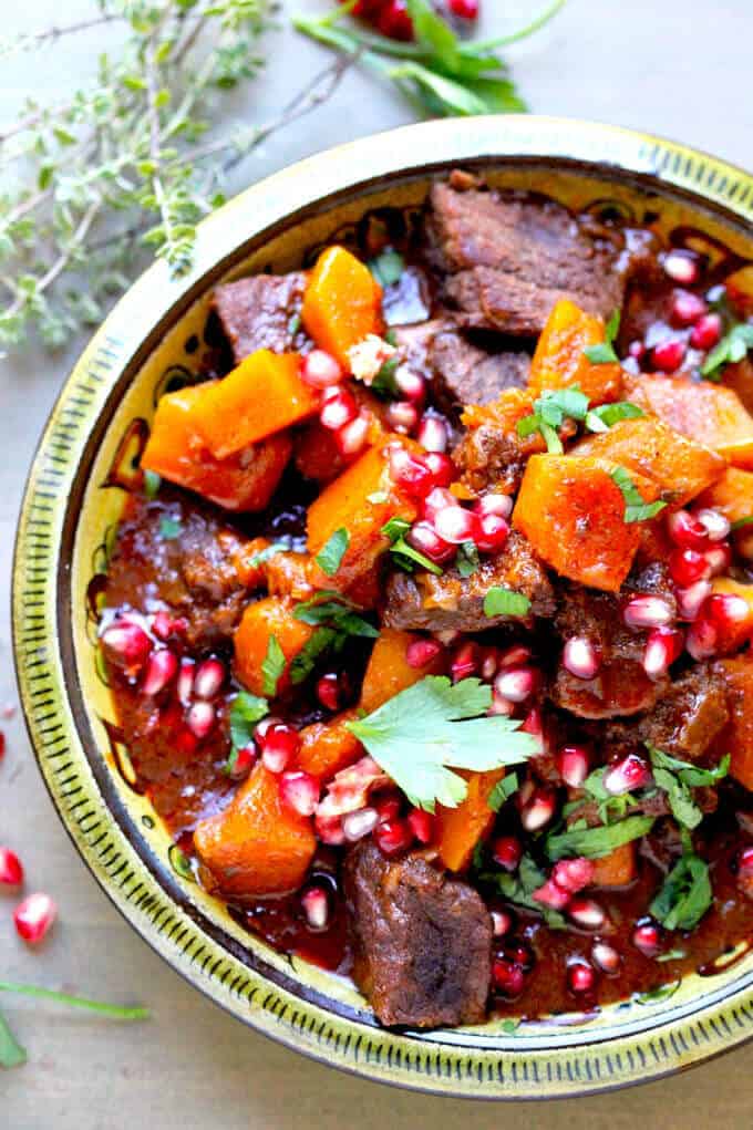 Butternut Squash Beef Stew with Cinnamon and Pomegranates - perfect comfort winter food - Innocent Delight