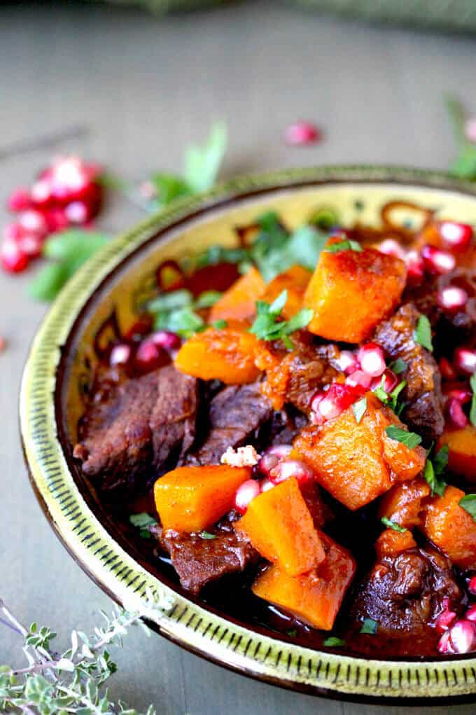 Butternut Squash Beef Stew with Cinnamon and Pomegranates - perfect comfort winter food - Innocent Delight
