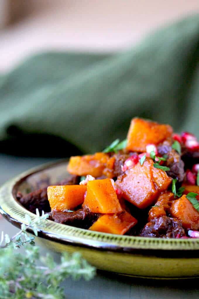 Butternut Squash Beef Stew with Cinnamon and Pomegranates - perfect comfort winter food - Innocent Delight