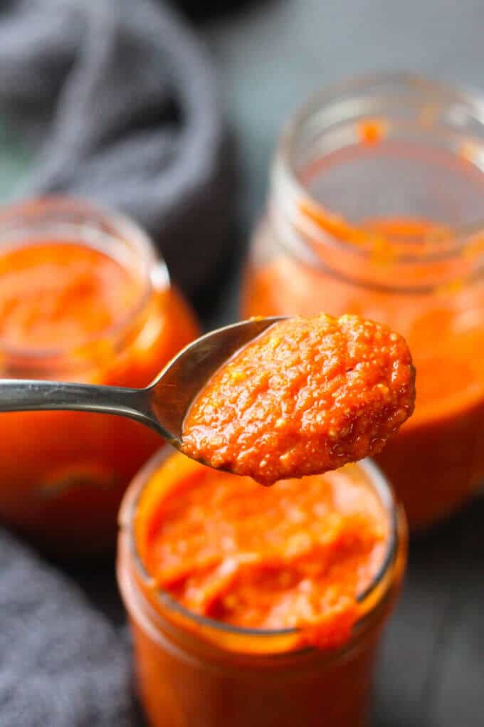 Spanish Romesco Sauce on a spoon
