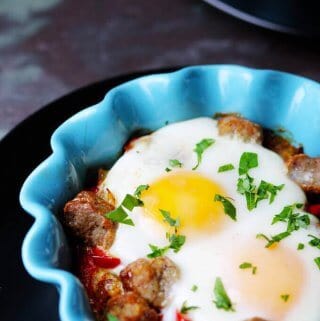 Oven Baked Eggs with Sausage, Peppers & Onions is super easy to make yet absolutely delicious. It's also elegant and perfect for special occasions like Mother's Day.