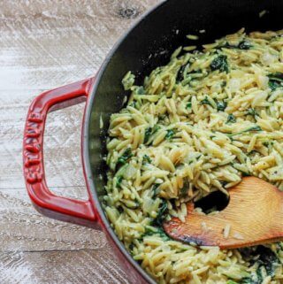 Parmesan Spinach Orzo can serve as a super quick and flavorful side dish, or a vegetarian entree. It contains only 4 ingredients and it's ready in 15 minutes.