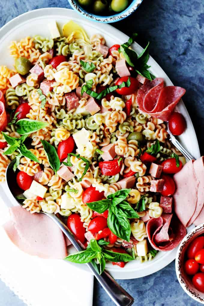 Antipasto Pasta Salad on a serving platter