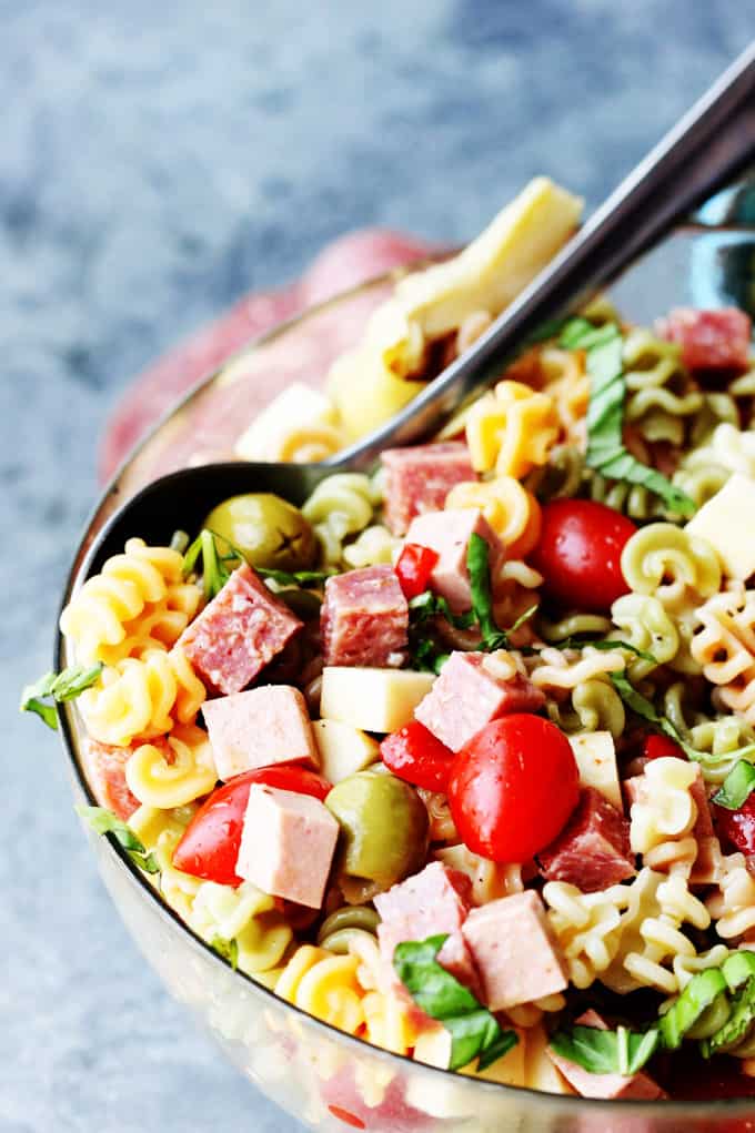 Antipasto Pasta Salad in a glass bowl