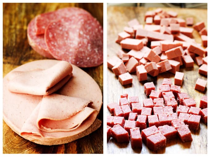 Cutting the meats for antipasto pasta salad