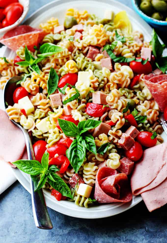 Horizontal photo of Antipasto Pasta Salad on a platter