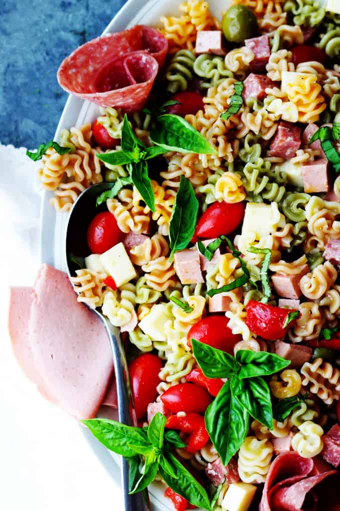 Antipasto Pasta Salad on a white platter