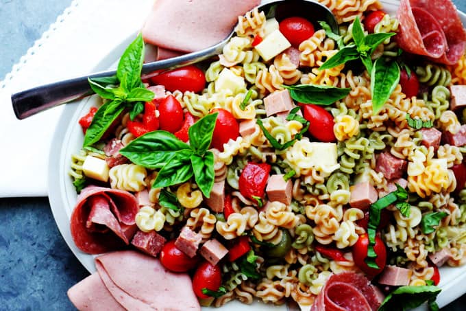 Horizontal photo of antipasto pasta salad