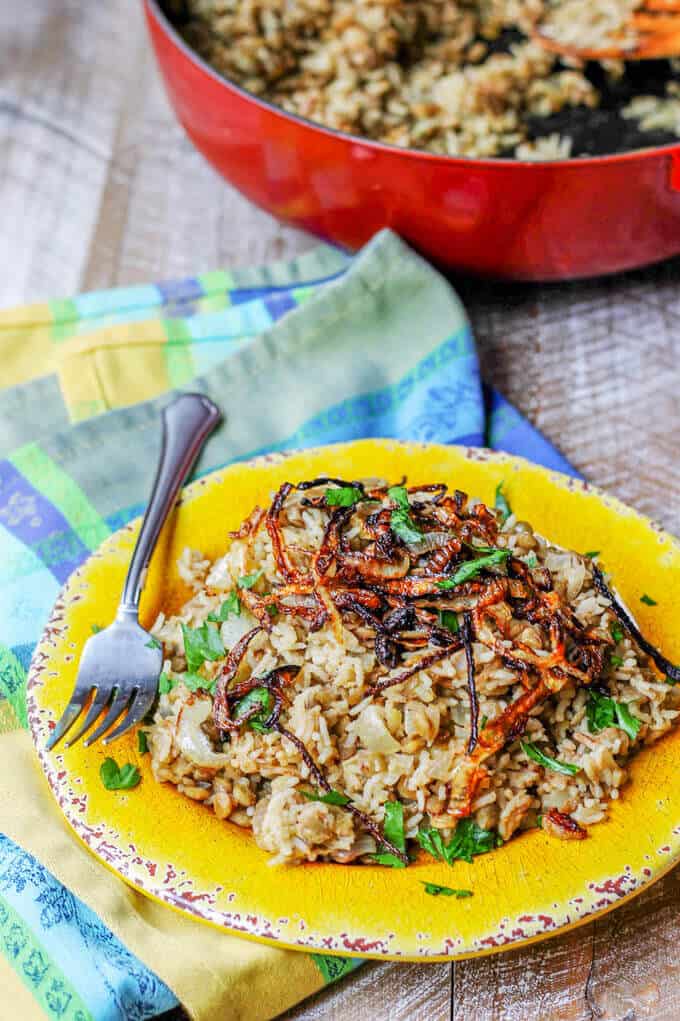 Mujadara on a plate with pan in a background.