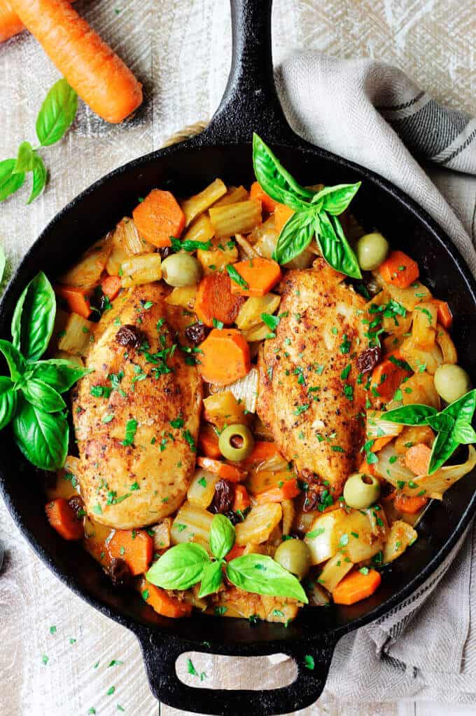 Overhead photo of Fennel Chicken Mediterranean Style with basil
