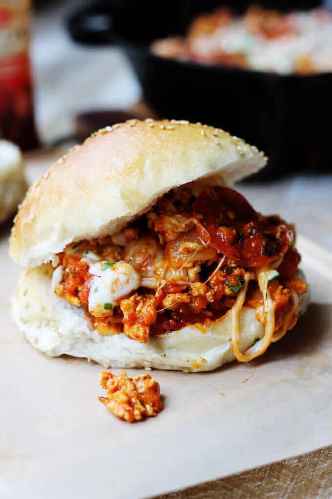 Skillet Pepperoni Pizza Sloppy Joes are a very easy dish with ground turkey, Bertolli Rustic Cut Marinara Sauce, peperoni and mozzarella cheese. It can be served on a bun or over pasta or polenta #Ad #ReachforRustic