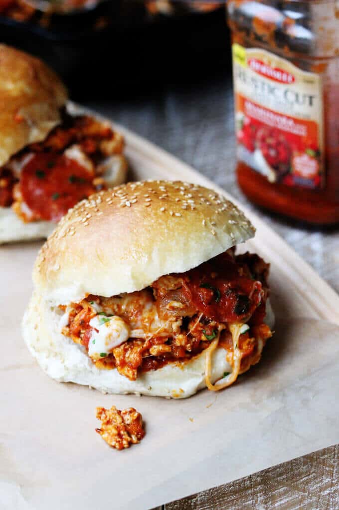 Skillet Pepperoni Pizza Sloppy Joes are a very easy dish with ground turkey, Bertolli Rustic Cut Marinara Sauce, peperoni and mozzarella cheese. It can be served on a bun or over pasta or polenta #Ad #ReachforRustic