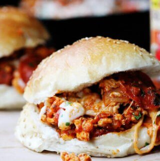 Skillet Pepperoni Pizza Sloppy Joes are a very easy dish with ground turkey, Bertolli Rustic Cut Marinara Sauce, peperoni and mozzarella cheese. It can be served on a bun or over pasta or polenta #Ad #ReachforRustic