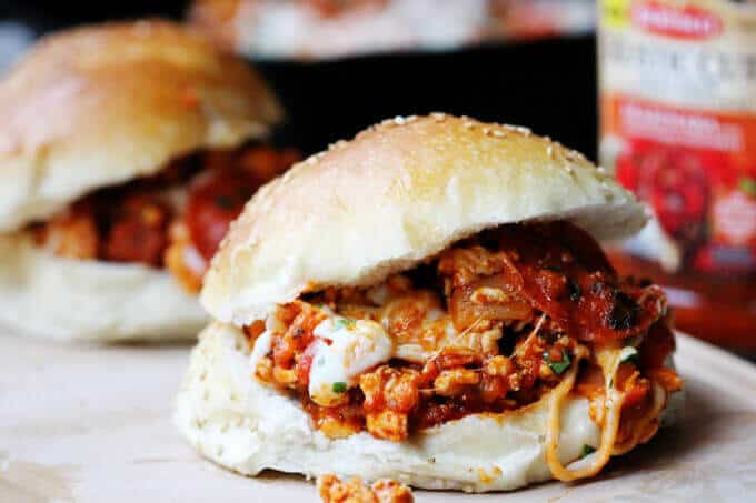 Skillet Pepperoni Pizza Sloppy Joes are a very easy dish with ground turkey, Bertolli Rustic Cut Marinara Sauce, peperoni and mozzarella cheese. It can be served on a bun or over pasta or polenta #Ad #ReachforRustic
