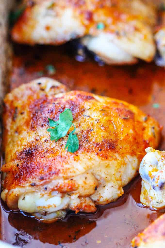 Oven Roasted Chicken Legs - either thighs, drumsticks, or even whole; can be the easiest dinner one can make when the time is scarce. 5 minutes prep time is all you'll need. Oven Roasted Chicken Legs - chicken tight close up