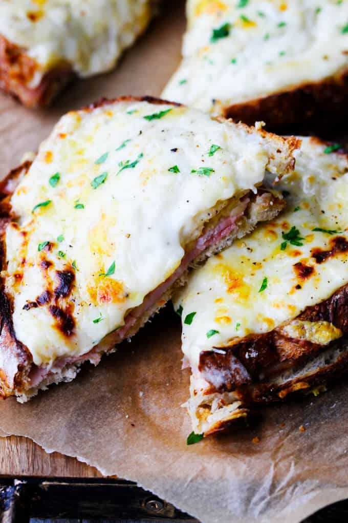 Classic Croque Monsieur sandwich cut up and stock up together