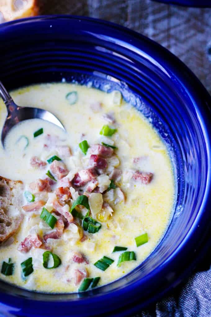 This Ham and Cheese Soup with White Wine and Gruyere is yet another recipe to show you how easily you can repurpose your leftover ham. This soup is rich and decadent, and it will keep your loved ones coming back for seconds...guaranteed. ham and cheese soup with scallion in a blue bowl with spoon sided, close up shot