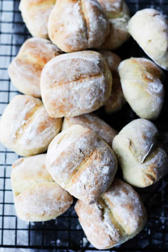 European breakfast rolls on a rock, overhead shot