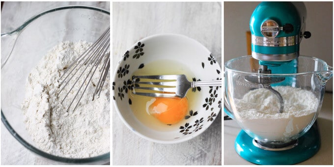 3 shots showing how to prepare flour and eggs for rolls dough