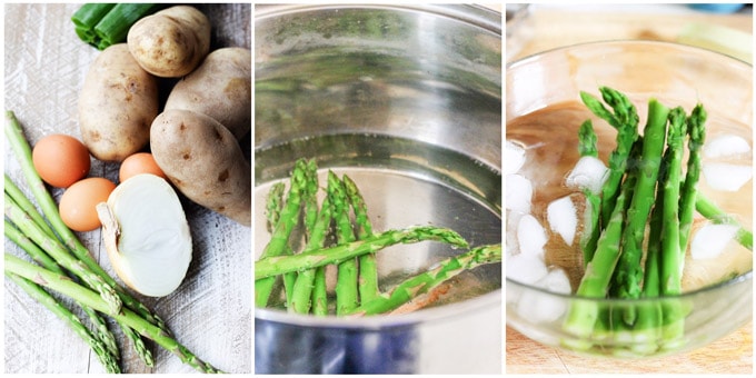 This recipe for Potato Cutlets with Asparagus is a keeper. In fact, the ease of preparation, coupled with deliciousness of the dish, might catapult this one into heavy rotation. Preparation just requires a few steps that and, again, the taste is amazing. Potatoes with asparagus - fried to perfection - and served with a dollop of sour cream and scallions. And while there are no breadcrumbs involved, they still achieve crispy and golden brown crust. Potato cutlets process shots, blenching asparagus