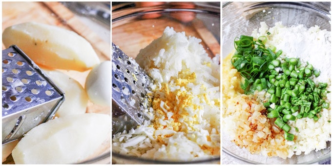 This recipe for Potato Cutlets with Asparagus is a keeper. In fact, the ease of preparation, coupled with deliciousness of the dish, might catapult this one into heavy rotation. Preparation just requires a few steps that and, again, the taste is amazing. Potatoes with asparagus - fried to perfection - and served with a dollop of sour cream and scallions. And while there are no breadcrumbs involved, they still achieve crispy and golden brown crust. Potato cutlets process shots, shredding potatoes and eggs