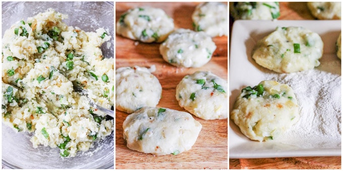 This recipe for Potato Cutlets with Asparagus is a keeper. In fact, the ease of preparation, coupled with deliciousness of the dish, might catapult this one into heavy rotation. Preparation just requires a few steps that and, again, the taste is amazing. Potatoes with asparagus - fried to perfection - and served with a dollop of sour cream and scallions. And while there are no breadcrumbs involved, they still achieve crispy and golden brown crust. Potato cutlets process shots, forming the cutlets