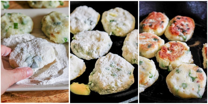 This recipe for Potato Cutlets with Asparagus is a keeper. In fact, the ease of preparation, coupled with deliciousness of the dish, might catapult this one into heavy rotation. Preparation just requires a few steps that and, again, the taste is amazing. Potatoes with asparagus - fried to perfection - and served with a dollop of sour cream and scallions. And while there are no breadcrumbs involved, they still achieve crispy and golden brown crust. Potato cutlets process shots, frying the cutlets