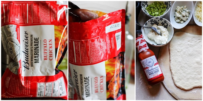 3 photos of preparation for buffalo grilled pizza