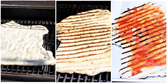 3 photos of grilling pizza dough
