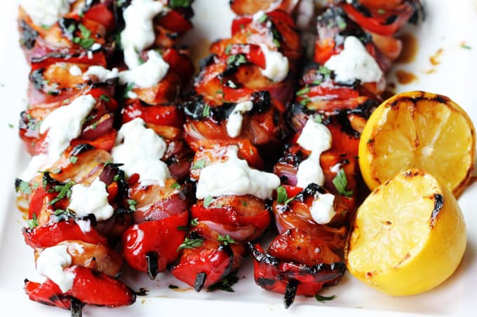 Honey BBQ Pork Souvlaki with grilled lemons