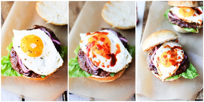 Assembling burgers with fried egg