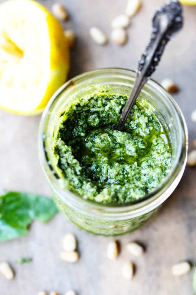 Basil Pesto Sauce with lemon on a side