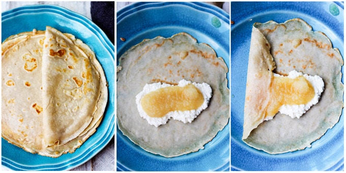 Folding apple sauce crepes burrito style
