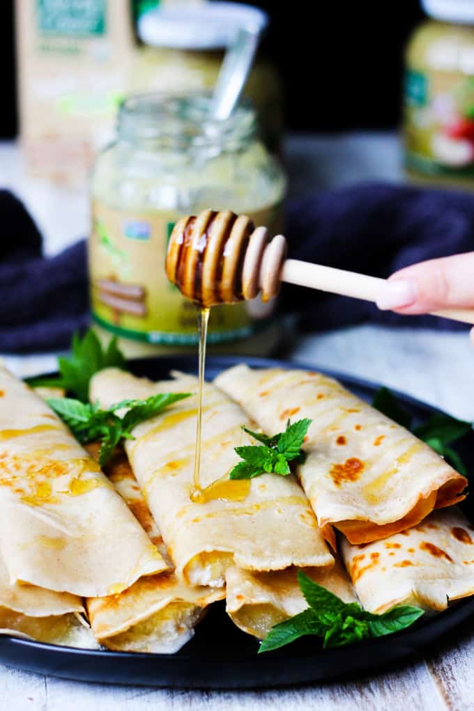 Apple Sauce Crepes with Honey Ricotta with honey drizzle