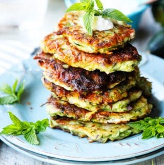 Kolokithokeftedes on a blue plate